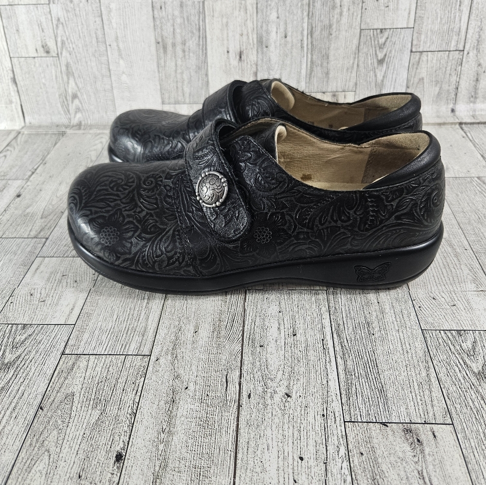 Alegria Paloma Black Leather Women 39  8.5 Mary Janes Day Platform Tooled Floral